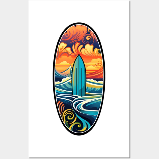 Retro Surfboard on a Vibrant Oceanic Backdrop Wall Art by AIHRGDesign